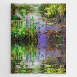 Water lily pond mirror reflection with bridge French garden floral landscape painting by Claude Monet Jigsaw Puzzle