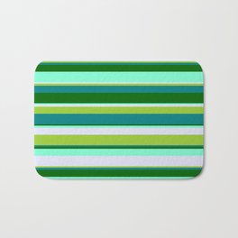 [ Thumbnail: Eyecatching Green, Teal, Dark Green, Aquamarine & Lavender Colored Striped/Lined Pattern Bath Mat ]