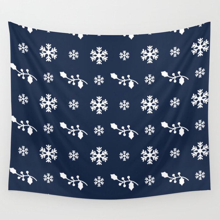 Christmas Pattern White Navy Blue Floral Snowflake Wall Tapestry