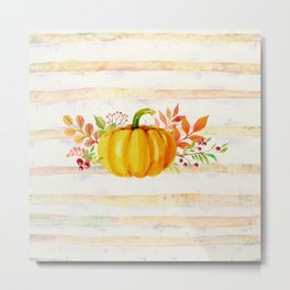 Pumpkin in Watercolor with Striped Background Metal Print