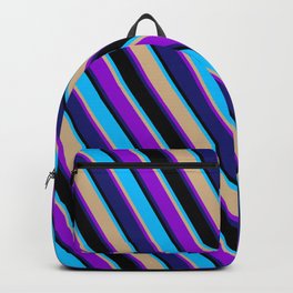 [ Thumbnail: Eyecatching Deep Sky Blue, Tan, Dark Violet, Midnight Blue, and Black Colored Lines Pattern Backpack ]