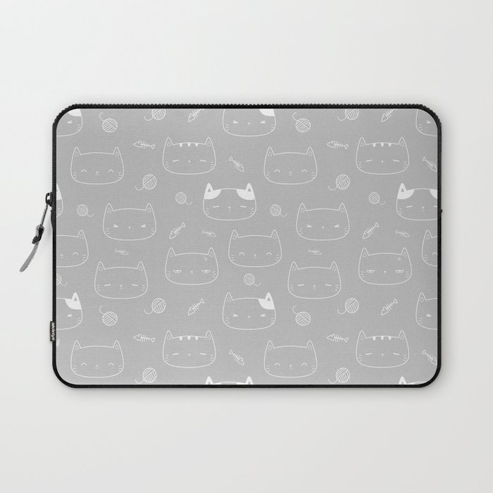 Light Grey and White Doodle Kitten Faces Pattern Laptop Sleeve