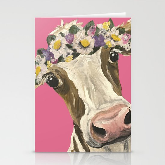 Cute Cow Art Colorful Flower Crown Cow Art Stationery Cards By