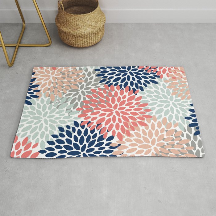 Floral Bloom Print Living Coral Pale Aqua Blue Gray Navy Rug
