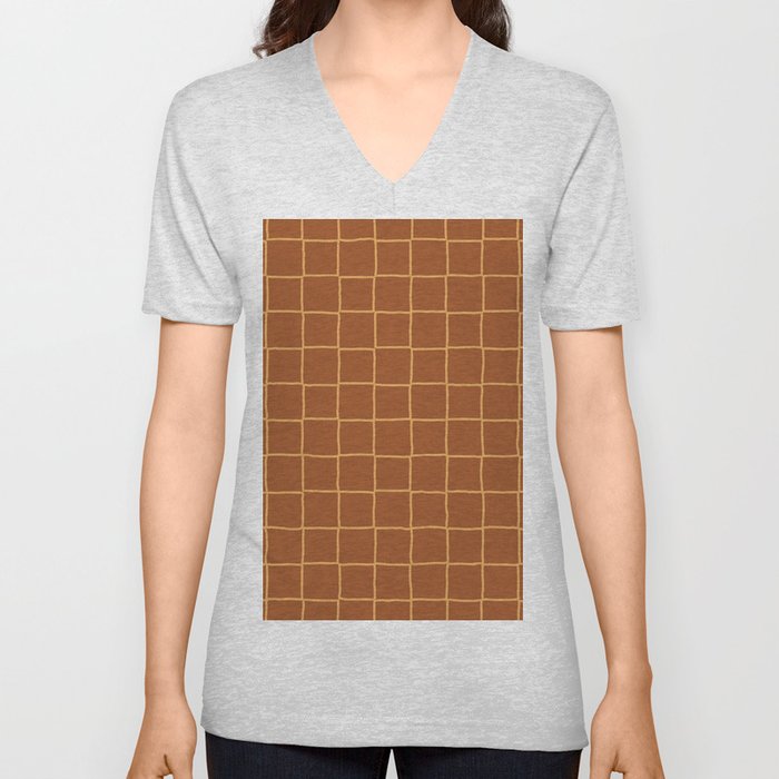 Desert Brown Tan Checkered Plaid V Neck T Shirt