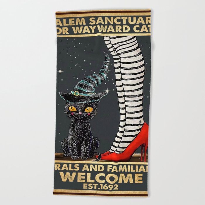 Black Cat Humane Society Placing Familiar 1692 Halloween Poster, Salem Cat Halloween Art, Halloween Beach Towel