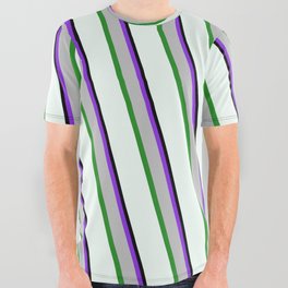 [ Thumbnail: Eye-catching Purple, Grey, Forest Green, Mint Cream, and Black Colored Lined/Striped Pattern All Over Graphic Tee ]