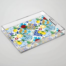 Tiles,mosaic,azulejo,quilt,Portuguese,majolica,lemons,citrus. Acrylic Tray