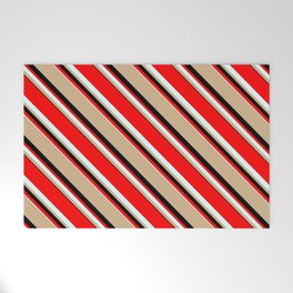 [ Thumbnail: Red, Light Cyan, Tan, and Black Colored Lines/Stripes Pattern Welcome Mat ]