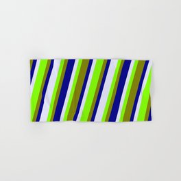 [ Thumbnail: Chartreuse, Green, Dark Blue & Lavender Colored Stripes/Lines Pattern Hand & Bath Towel ]