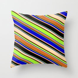 [ Thumbnail: Colorful Light Green, Blue, Tan, Chocolate & Black Colored Lines/Stripes Pattern Throw Pillow ]