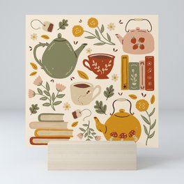 Flowery Books and Tea Mini Art Print