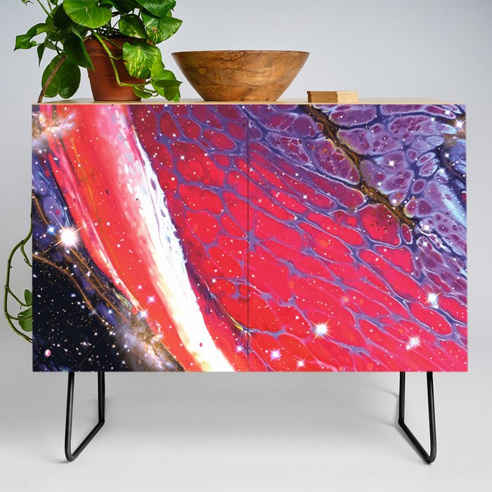 Neon marble space #1: purple, red, stars Credenza