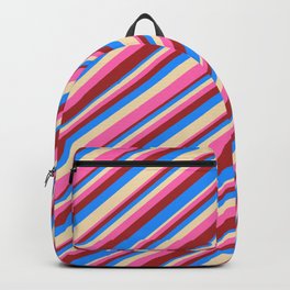 [ Thumbnail: Tan, Hot Pink, Brown & Blue Colored Striped Pattern Backpack ]