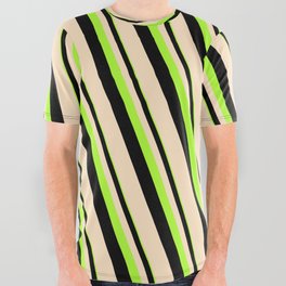 [ Thumbnail: Light Green, Black & Bisque Colored Lined Pattern All Over Graphic Tee ]