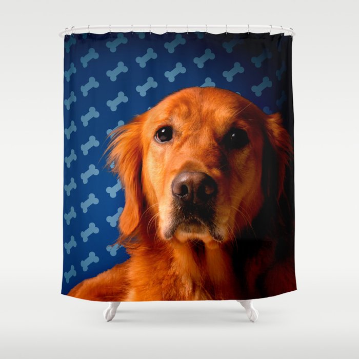 Golden Retriever Blue Bone Background Shower Curtain By Marios Golden Retriever Blue Bone Background Shower Curtain