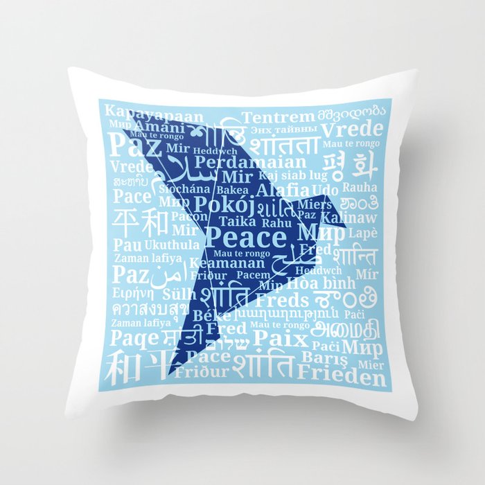 Dove-origami on the background of the word "Peace" in different languages of the World Throw Pillow