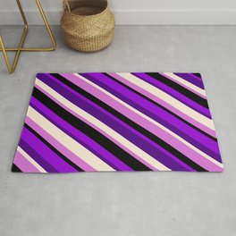 [ Thumbnail: Dark Violet, Indigo, Beige, Orchid, and Black Colored Pattern of Stripes Rug ]
