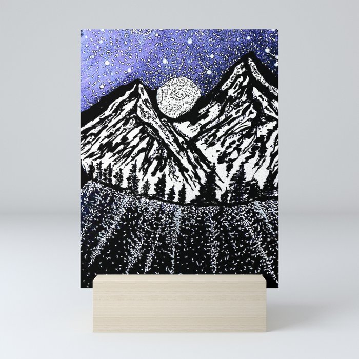 MOONRISE - Snowy Night Sky Mountains - Original Art Mini Art Print