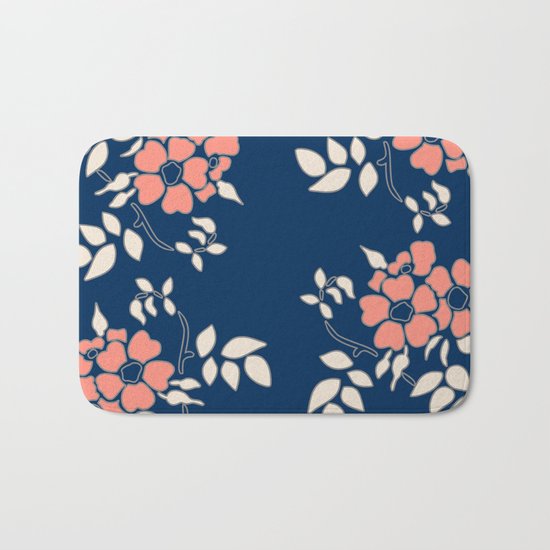 FLORAL IN BLUE AND CORAL Bath Mat