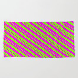 [ Thumbnail: Fuchsia and Green Colored Striped/Lined Pattern Beach Towel ]