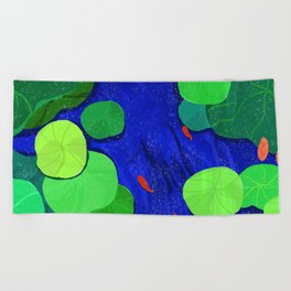 Abstract lake water surface with green leaves Beach Towel