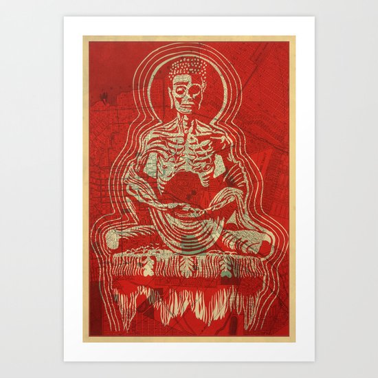 Zombuddha Red Linocut Art Print