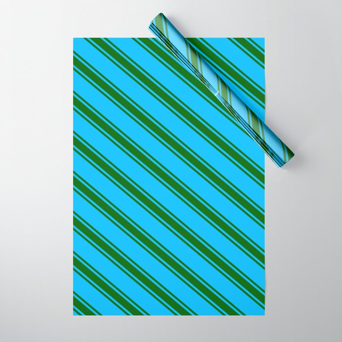 Deep Sky Blue & Dark Green Colored Stripes/Lines Pattern Wrapping Paper