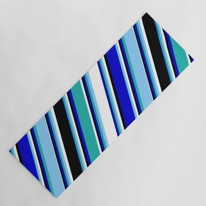 Vibrant Blue, Light Sea Green, Light Sky Blue, White & Black Colored Lines/Stripes Pattern Yoga Mat