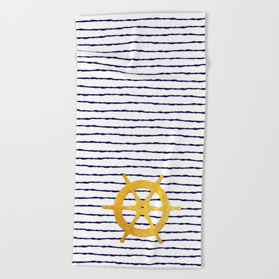 Marine pattern- Navy blue white striped with golden wheel Beach Towel