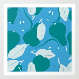 Green pears on blue, pattern Art Print