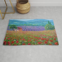 Province, France rolling hills of poppies and lavender fields floral landscape painting Rug
