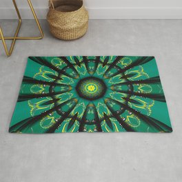 The mandala is a green-yellow sun with long rays, a round center and yellow curls at the corners. Rug | Digital, Street Art, Typography, Abstract, Vector, Pop Art, Figurative, Pattern, Ink Pen, Graphite 