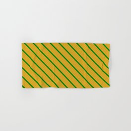 [ Thumbnail: Goldenrod & Green Colored Lined/Striped Pattern Hand & Bath Towel ]