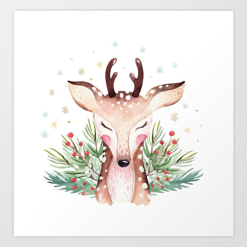 Christmas Deer Art Print Original Watercolor Painting Signed by Artist 
