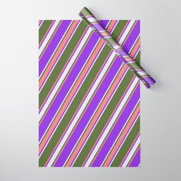 [ Thumbnail: Dark Olive Green, Light Coral, Purple & Lavender Colored Stripes/Lines Pattern Wrapping Paper ]