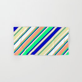 [ Thumbnail: Eyecatching Light Salmon, Green, Blue, Pale Goldenrod, and Mint Cream Colored Lines Pattern Hand & Bath Towel ]