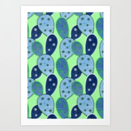 Denim Cactus Patchwork Quilt (Green) Art Print | Jeans, Quilt, Thread, Stitches, Opuntia, Green, Patchwork, Applique, Illucalliart, Opuntia Microdasys 
