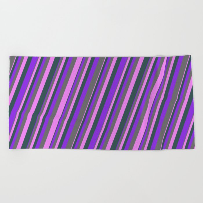 Purple, Dim Grey, Violet, and Dark Slate Gray Colored Lines/Stripes Pattern Beach Towel