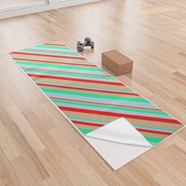 [ Thumbnail: Red, Tan, Green, and Light Blue Colored Lines Pattern Yoga Towel ]