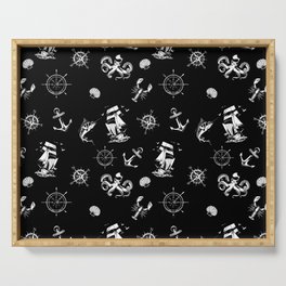 Black And White Silhouettes Of Vintage Nautical Pattern Serving Tray