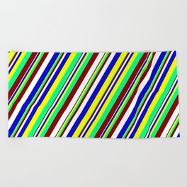 [ Thumbnail: Maroon, White, Blue, Yellow & Green Colored Striped Pattern Beach Towel ]