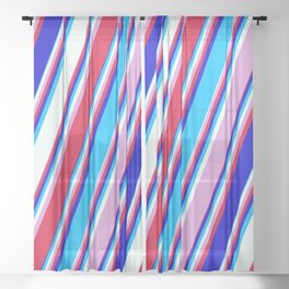 [ Thumbnail: Colorful Plum, Crimson, Blue, Deep Sky Blue, and Mint Cream Colored Lined/Striped Pattern Sheer Curtain ]