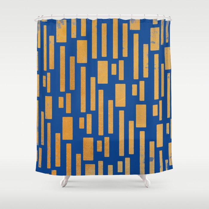 Abstract Bamboo Dark Blue Gold Mid Century Modern Shower Curtain