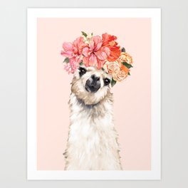 Llama Flower Crown Portrait A1 Art Print