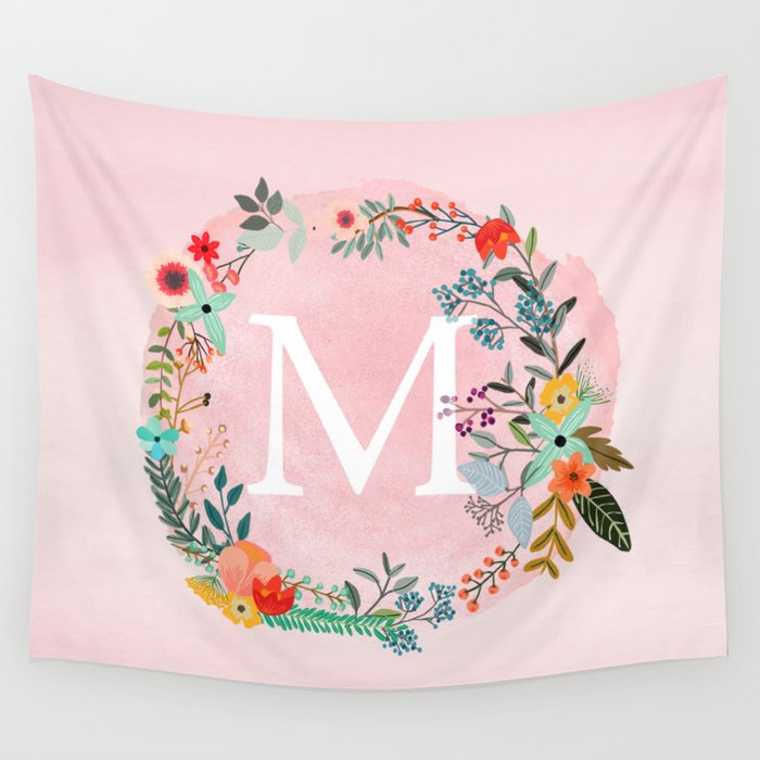 flower wreath with personalized monogram initial letter m on pink