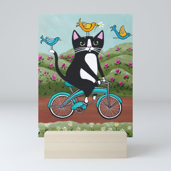 Tuxedo Cat Spring Bicycle Ride Mini Art Print