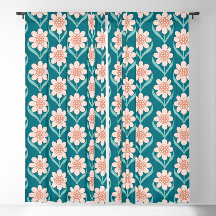 Scandinavian Floral Pattern, Turquoise, Peach and Salmon Pink Retro Flowers Blackout Curtain
