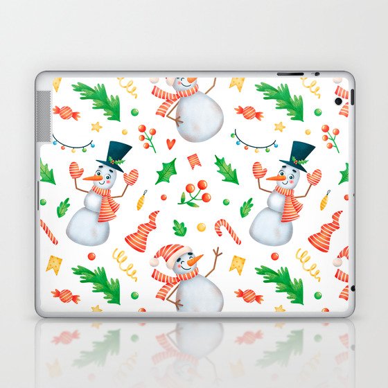 Cute Cartoon Christmas Snowman Seamless Pattern  Laptop & iPad Skin