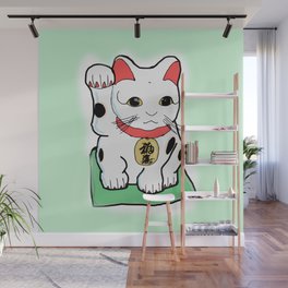 Green Japanese  Lucky Cat Maneki Neko Wall Mural